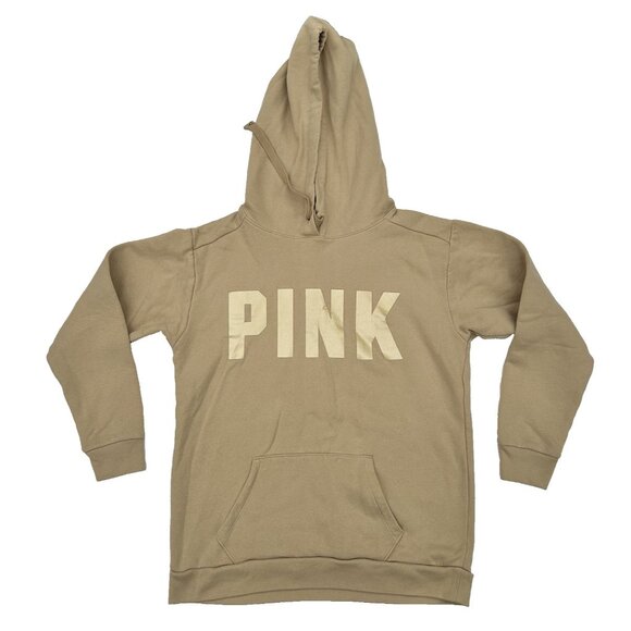 Victoria's Secret Sweaters - Victoria's Secret PINK Campus Logo Beige Hoodie Gold Logo Fleece Lined Size S